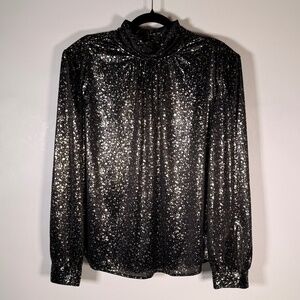 Vintage Lauren Lee - Metallic Abstract Blouse High Neck Black Silver Size 18/XL